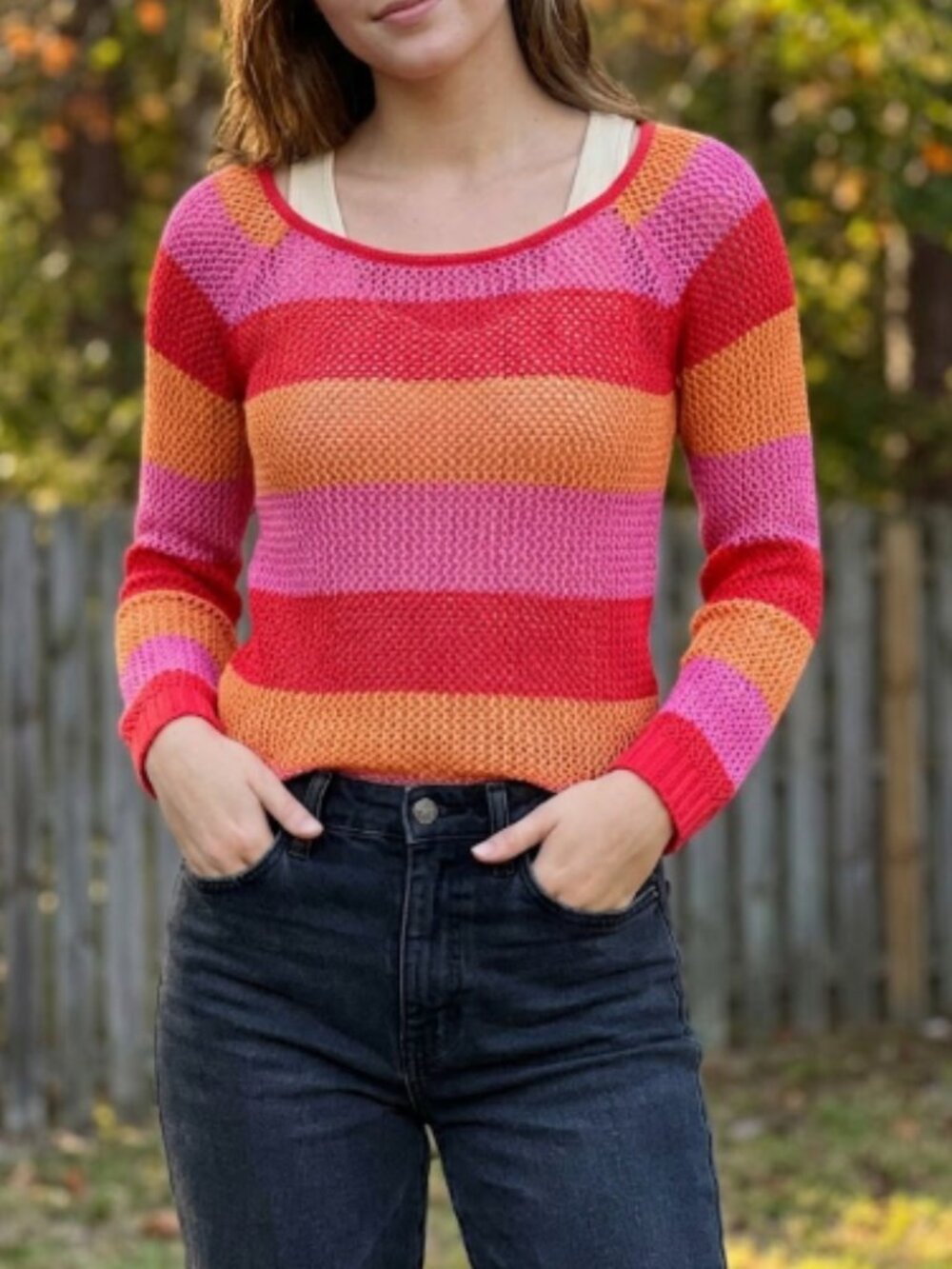 Boston Proper Open Knit Striped Sweater Small Pink Red Orange Fall Boho Layering